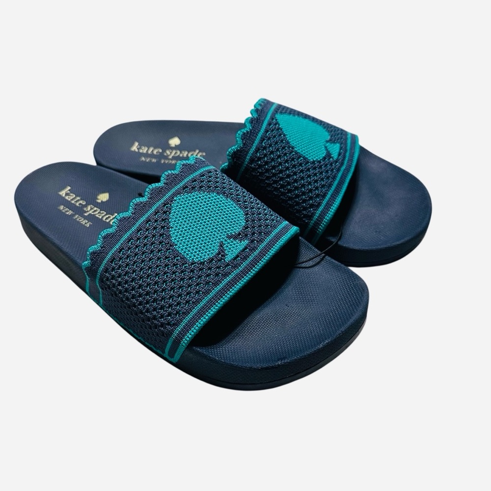 Kate Spade NEW La Jolla Pool Slide Sandals In Blue/Green Logo Mesh Sz.11B